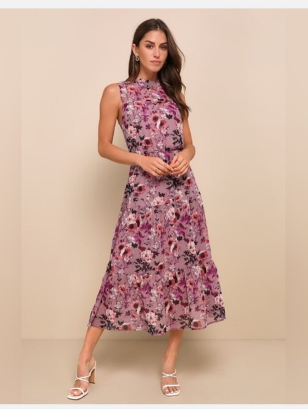 Lulus In My Dreams Mauve Floral Gardenia Print Midi Dress Women's S Feminine